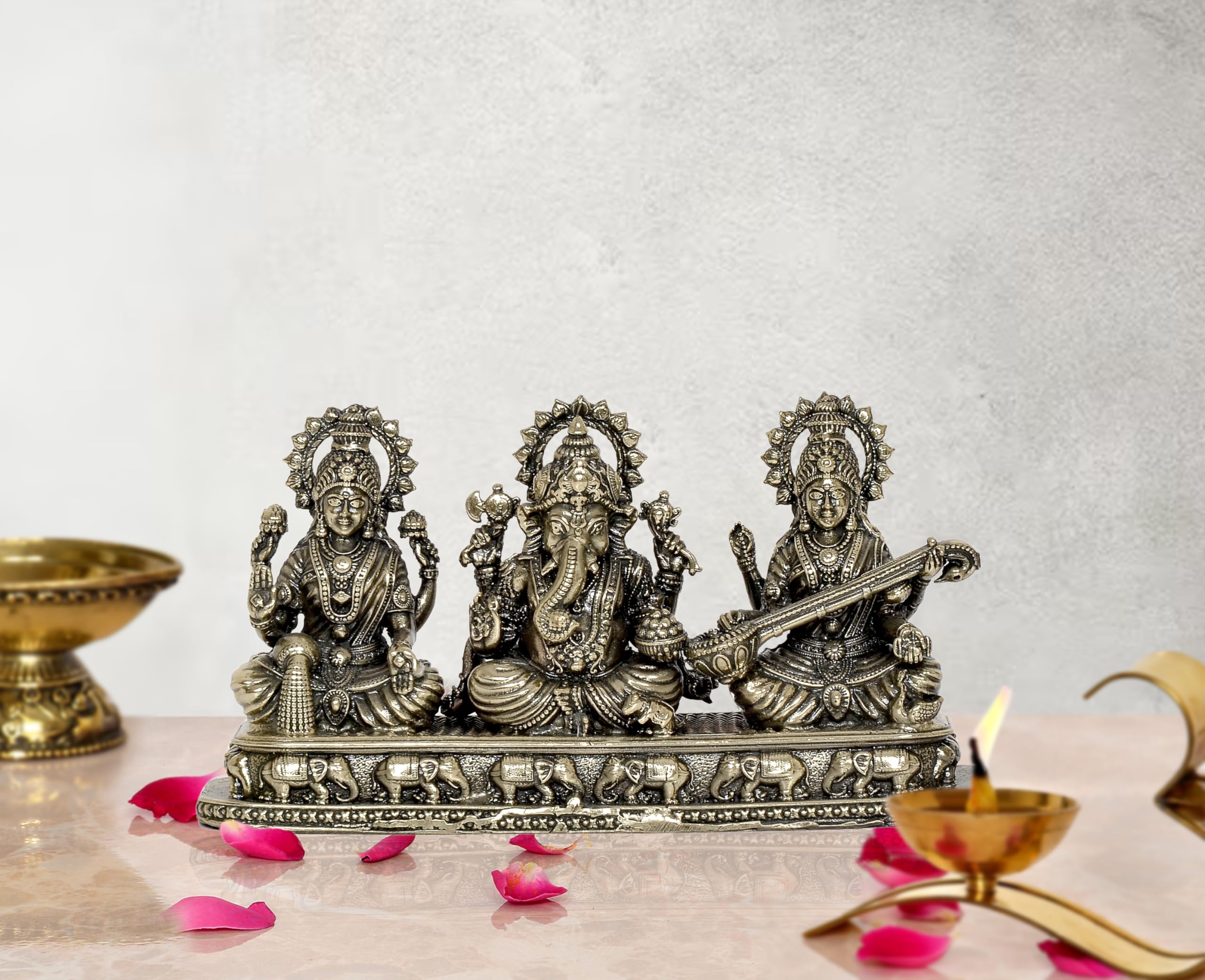 Dattatreya Fine Bronze Ganesha Laxmi Saraswati Idol Temple Murti Diwali Pooja Gift Decoration Showpiece (Height 3 Inch)